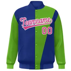 Royal Green-Pink Color Block Varsity Full-Snap Bomber Jacket 3