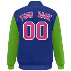 Royal Green-Pink Color Block Varsity Full-Snap Bomber Jacket 4