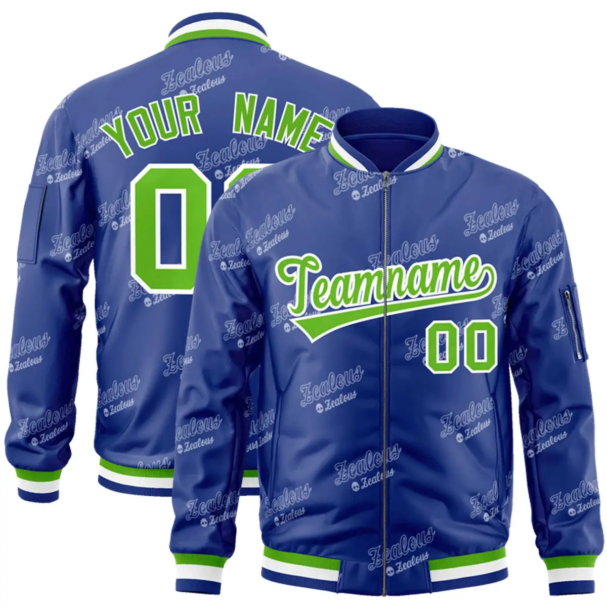 Royal Green-White Full-Zip Varsity Letter Bomber Jacket