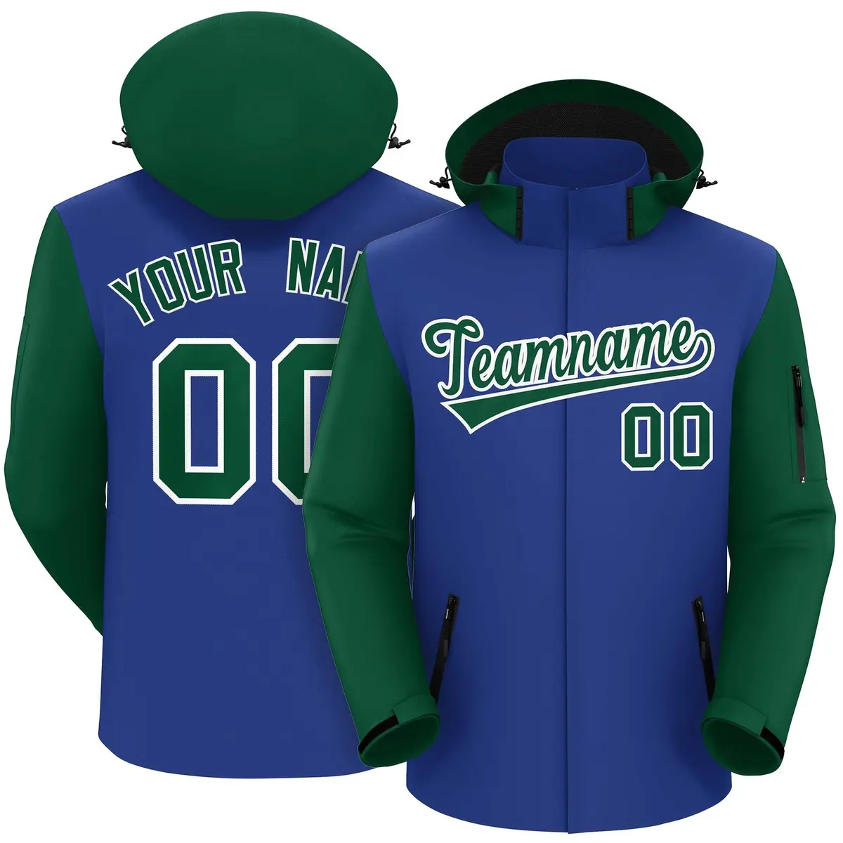 Royal Green-White Raglan Sleeves Waterproof Jacket