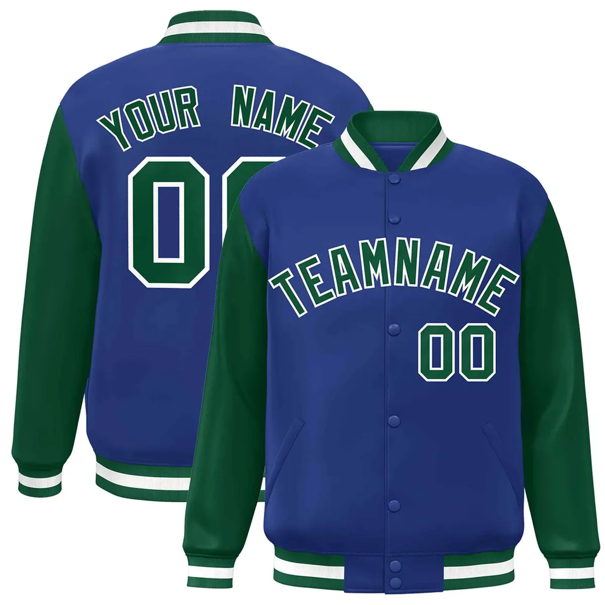Royal Green-White Raglan Varsity Full-Snap Letterman Jacket