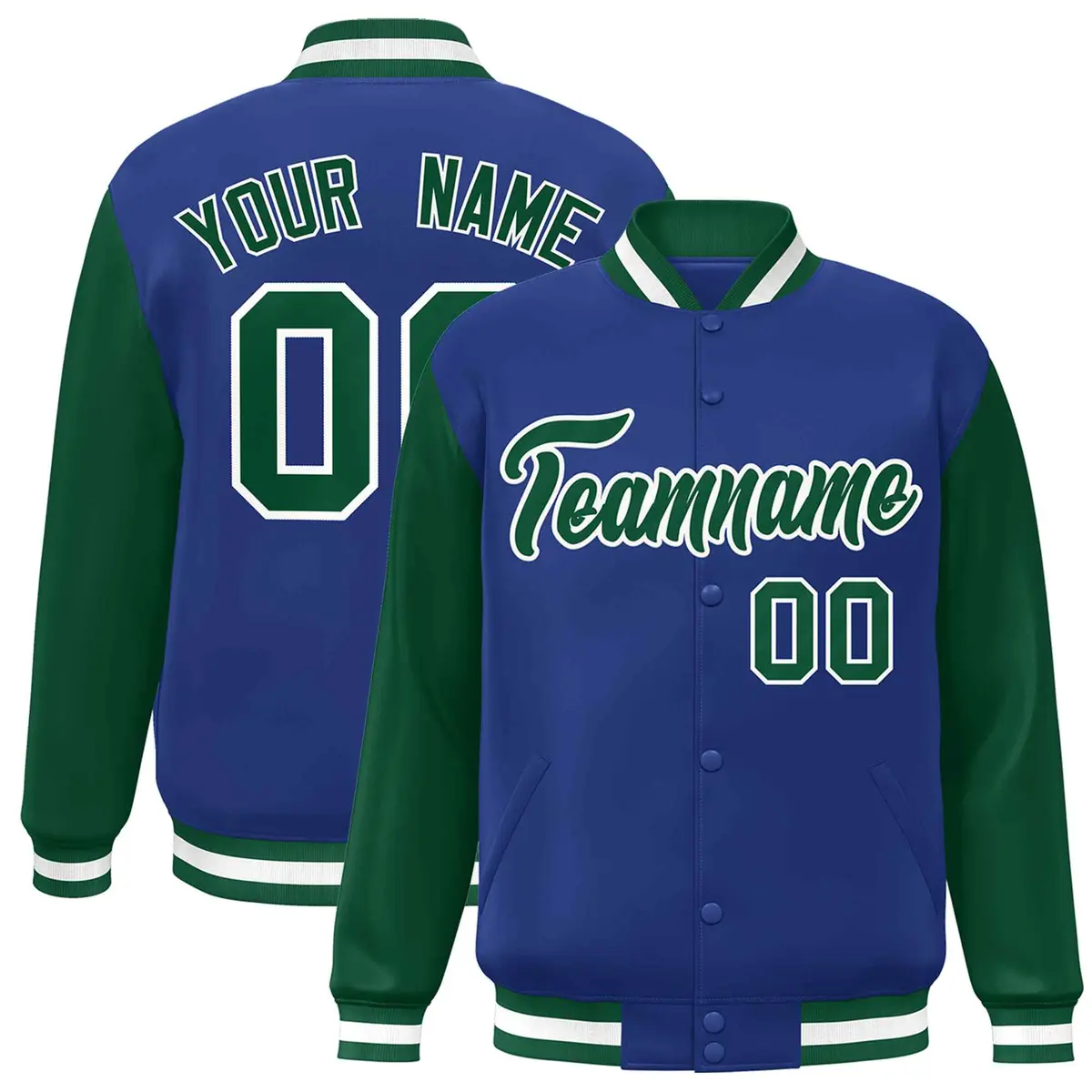 Royal Green-White Raglan Varsity Full-Snap Letterman Jacket