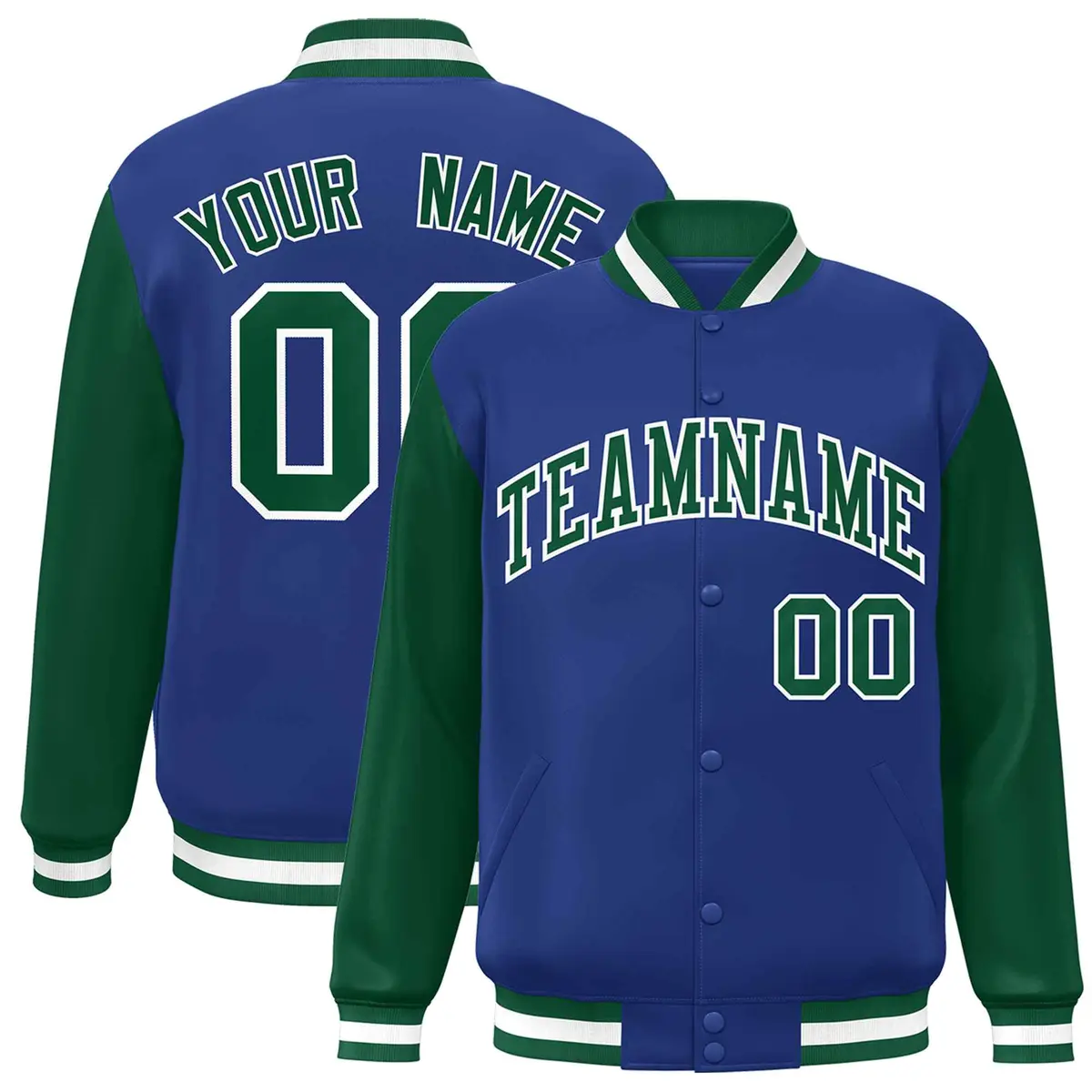 Royal Green-White Raglan Varsity Full-Snap Letterman Jacket