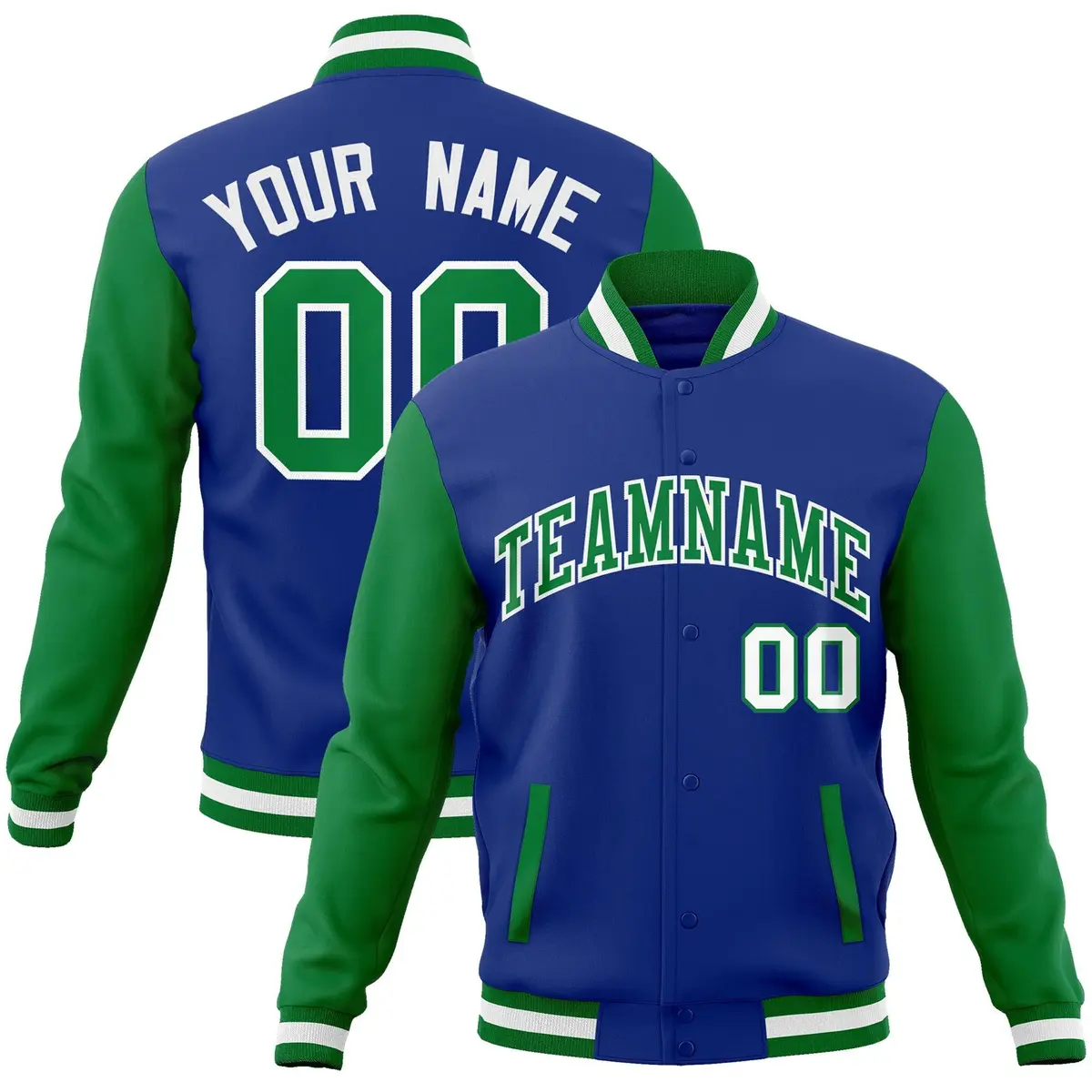 Royal Green-White Raglan Varsity Full-Snap Letterman Jacket