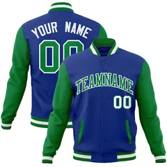 Royal Green-White Raglan Varsity Full-Snap Letterman Jacket