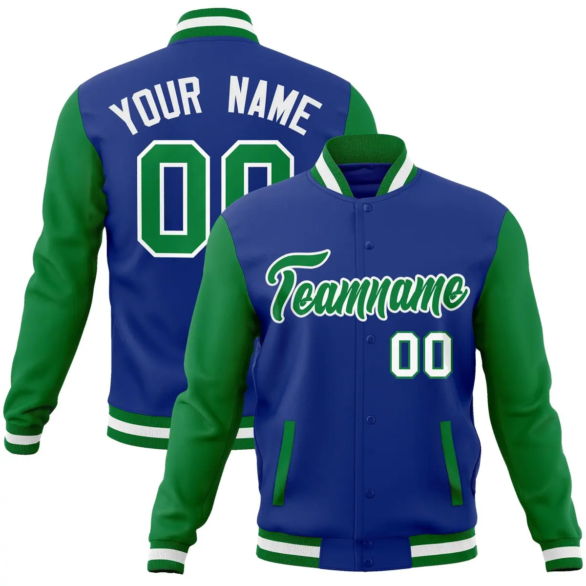 Royal Green-White Raglan Varsity Full-Snap Letterman Jacket
