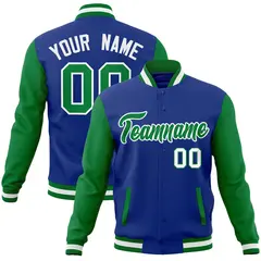 Royal Green-White Raglan Varsity Full-Snap Letterman Jacket