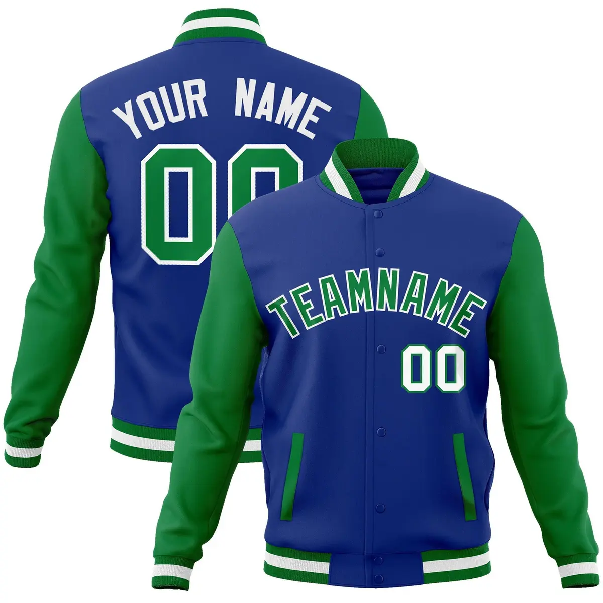 Royal Green-White Raglan Varsity Full-Snap Letterman Jacket