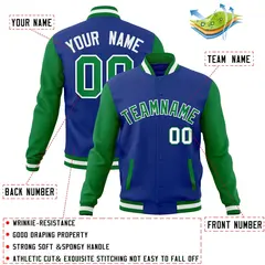 Royal Green-White Raglan Varsity Full-Snap Letterman Jacket 4