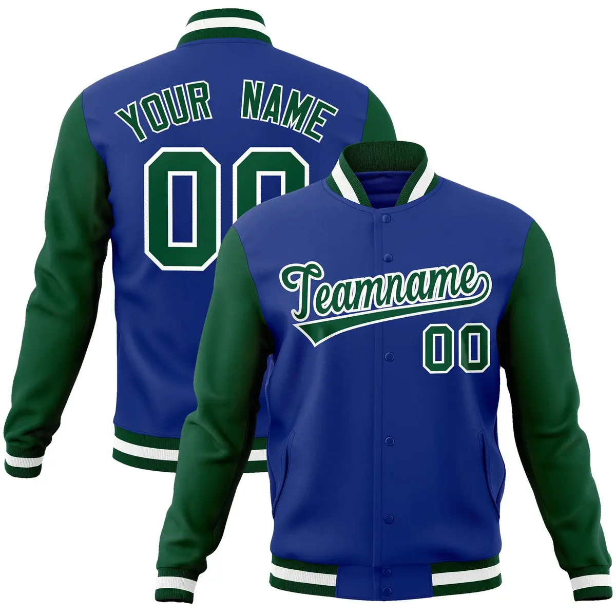 Royal Green-White Raglan Varsity Full-Snap Letterman Jacket