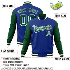 Royal Green-White Raglan Varsity Full-Snap Letterman Jacket 4
