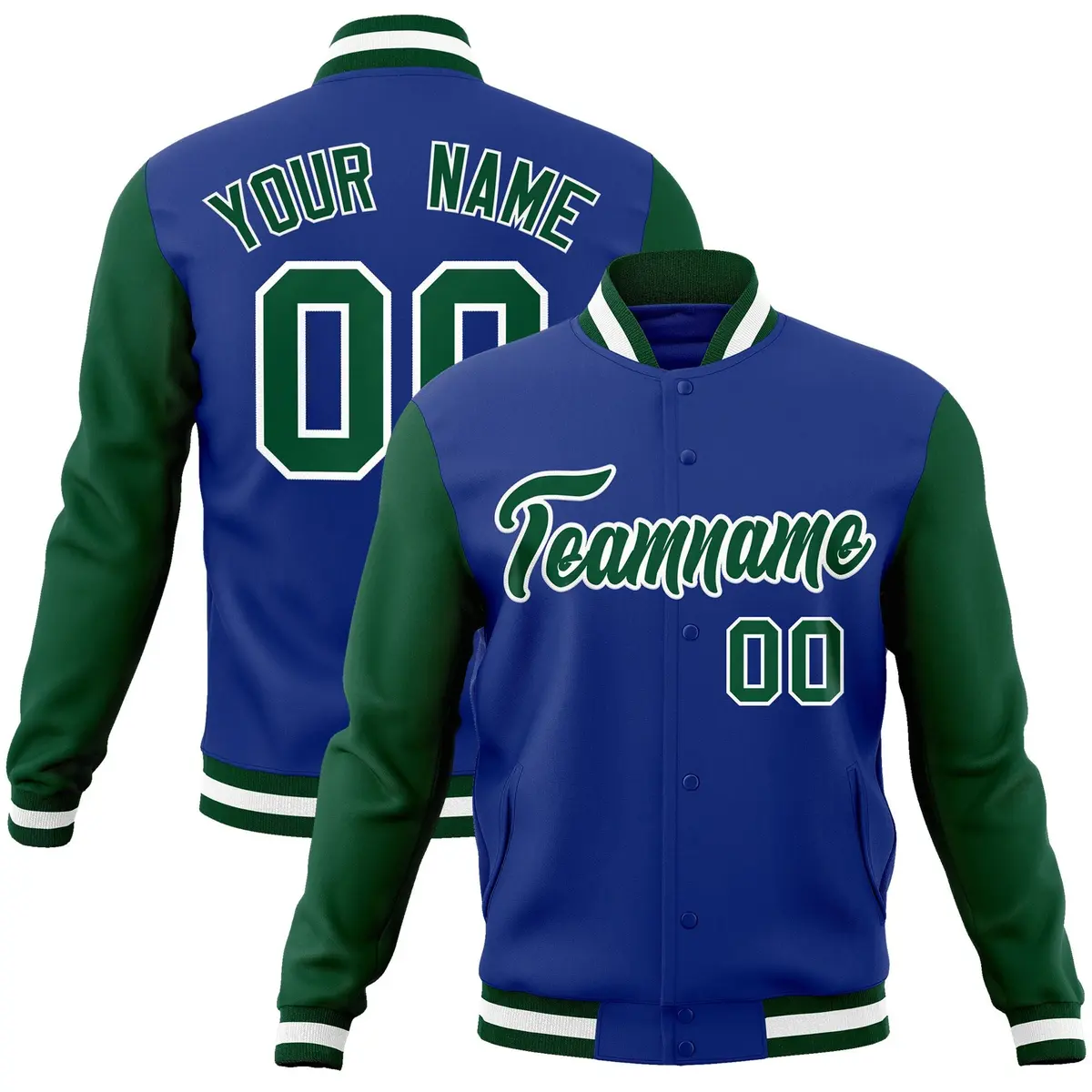 Royal Green-White Raglan Varsity Full-Snap Letterman Jacket