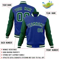Royal Green-White Raglan Varsity Full-Snap Letterman Jacket 4