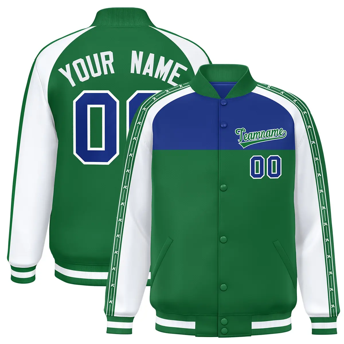 Royal Kelly Green K-Ribbon Raglan Full-Snap Color Block Letterman Jacket