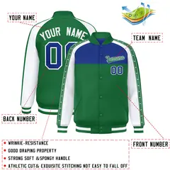 Royal Kelly Green K-Ribbon Raglan Full-Snap Color Block Letterman Jacket 2