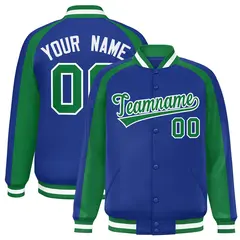 Royal Kelly Green Raglan Color Block Varsity Full-Snap Letterman Jacket