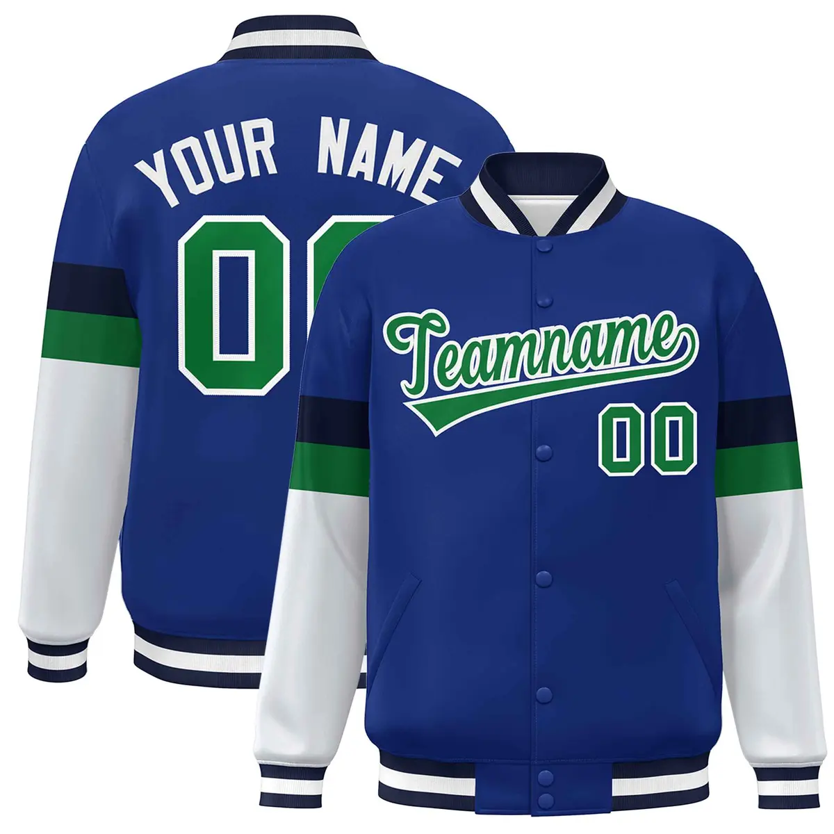 Royal Kelly Green-White Color Block Varsity Full-Snap Baseball Jacket