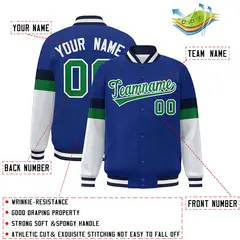 Royal Kelly Green-White Color Block Varsity Full-Snap Baseball Jacket 2
