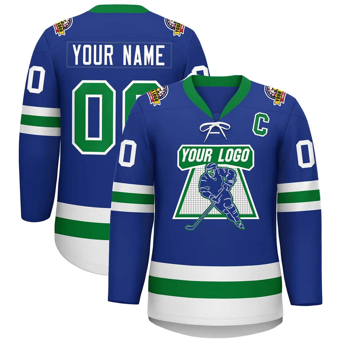 Royal Kelly Green-White Lace-Up Neck Hockey Jersey