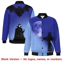 Royal Light Blue Black Halloween Skeleton Graffiti Varsity Jacket 8