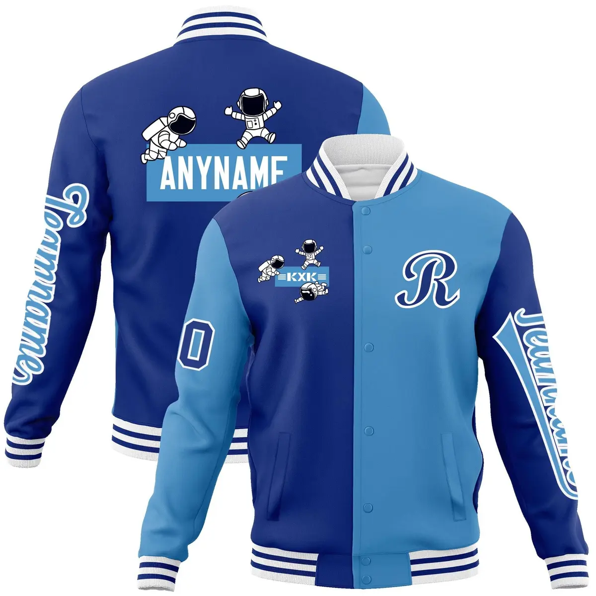 Royal Light Blue Two Tone Split Full-Snap Letterman Jacket Raglan Sleeves