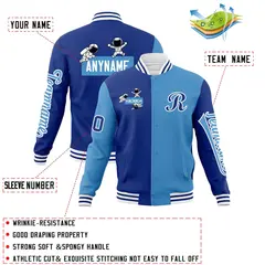 Royal Light Blue Two Tone Split Full-Snap Letterman Jacket Raglan Sleeves 4