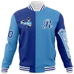 Royal Light Blue Two Tone Split Full-Snap Letterman Jacket Raglan Sleeves 5
