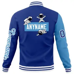 Royal Light Blue Two Tone Split Full-Snap Letterman Jacket Raglan Sleeves 6