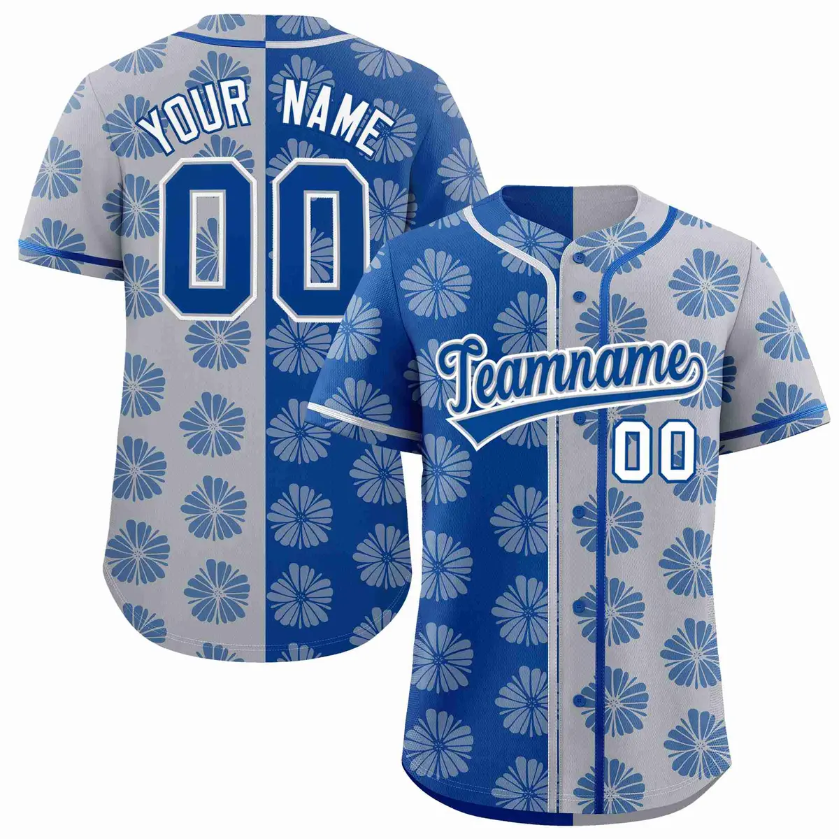 Royal Light Gray Split Flower Graffiti Baseball Jersey