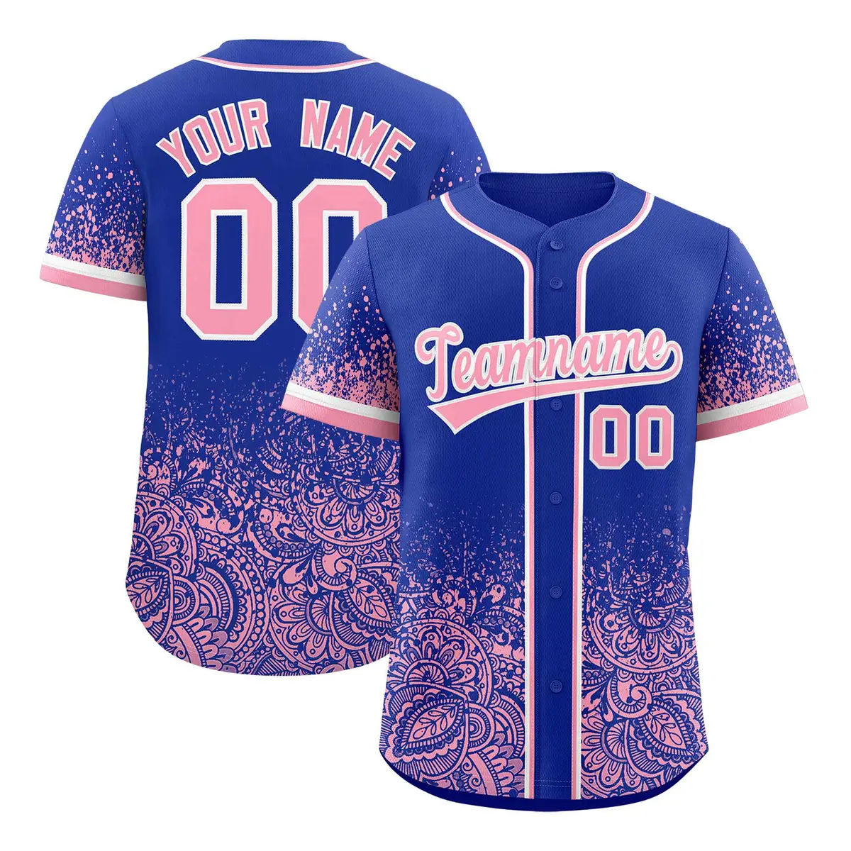 Royal Light Pink Floral Gradient Full Button Baseball Jersey