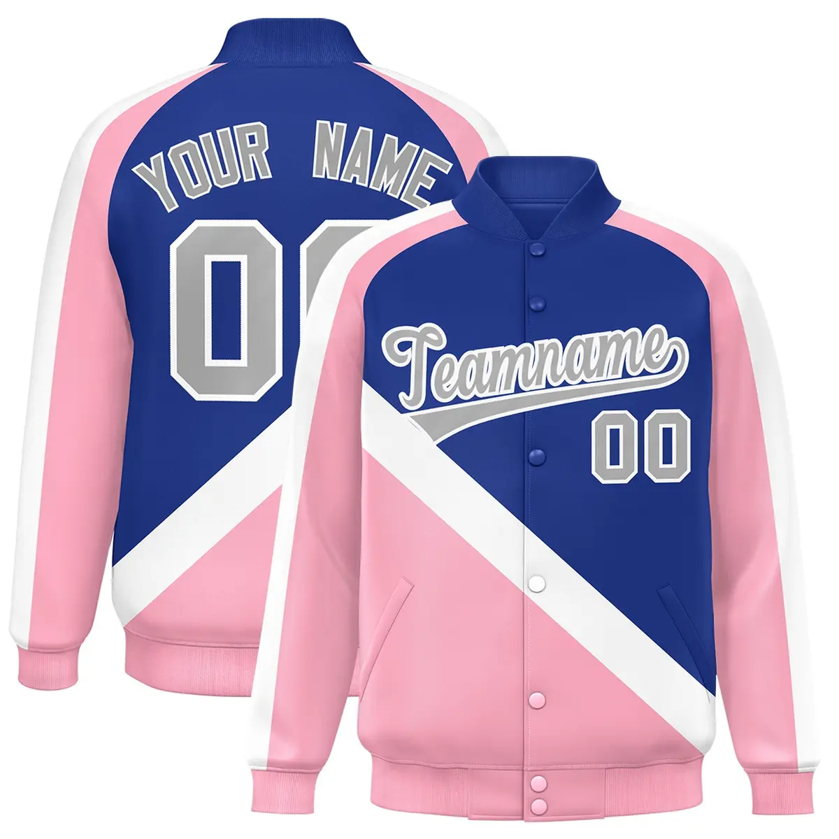 Royal Light Pink Raglan Full-Snap Letterman Baseball Jacket
