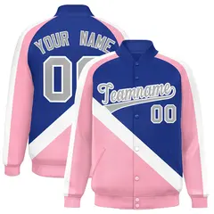 Royal Light Pink Raglan Full-Snap Letterman Baseball Jacket 1