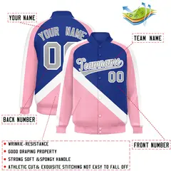 Royal Light Pink Raglan Full-Snap Letterman Baseball Jacket 2
