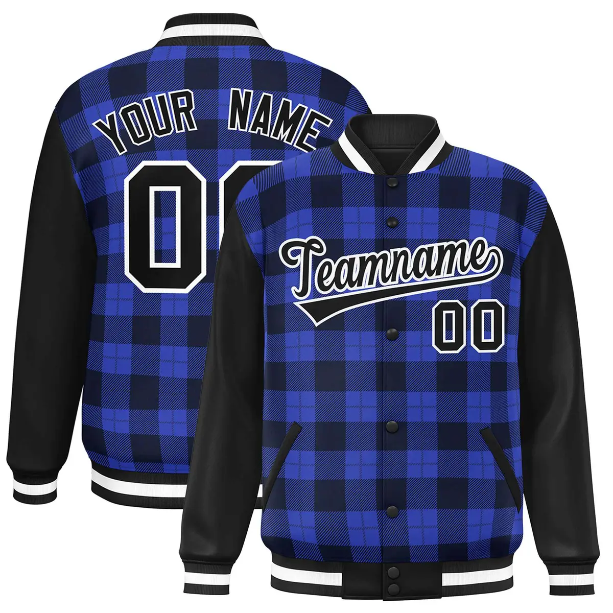Royal Navy-Black Plaid Varsity Letterman Baseball Jacket
