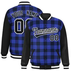 Royal Navy-Black Plaid Varsity Letterman Baseball Jacket 1