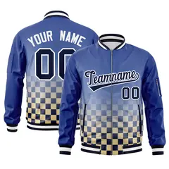 Royal Navy White Grid Color Block Full-Zip Varsity Letterman Bomber Jacket