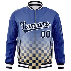 Royal Navy White Grid Color Block Full-Zip Varsity Letterman Bomber Jacket 3