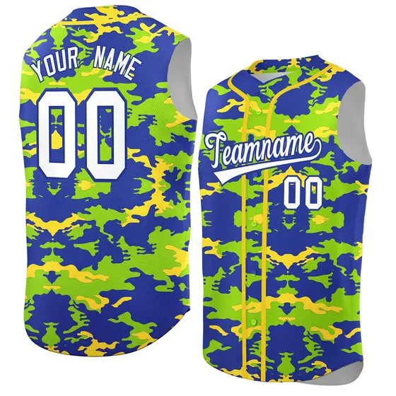 Royal Neon Green and Gold Camo Sleeveless Baseball Jersey