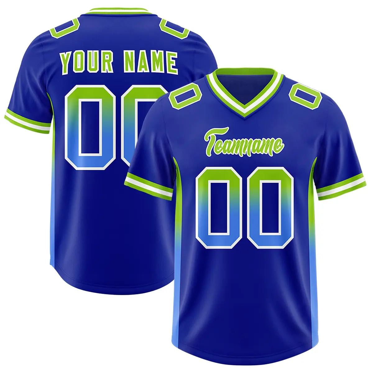 Royal Neon Green and Powder Blue Gradient Sides Football Jersey
