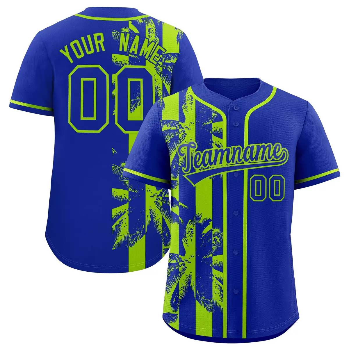 Royal Neon Green Coconut Tree Split Baseball Jersey