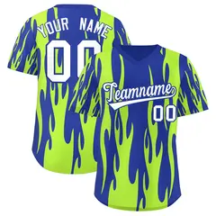 Royal Neon Green Flame Pattern Pullover Baseball Jersey