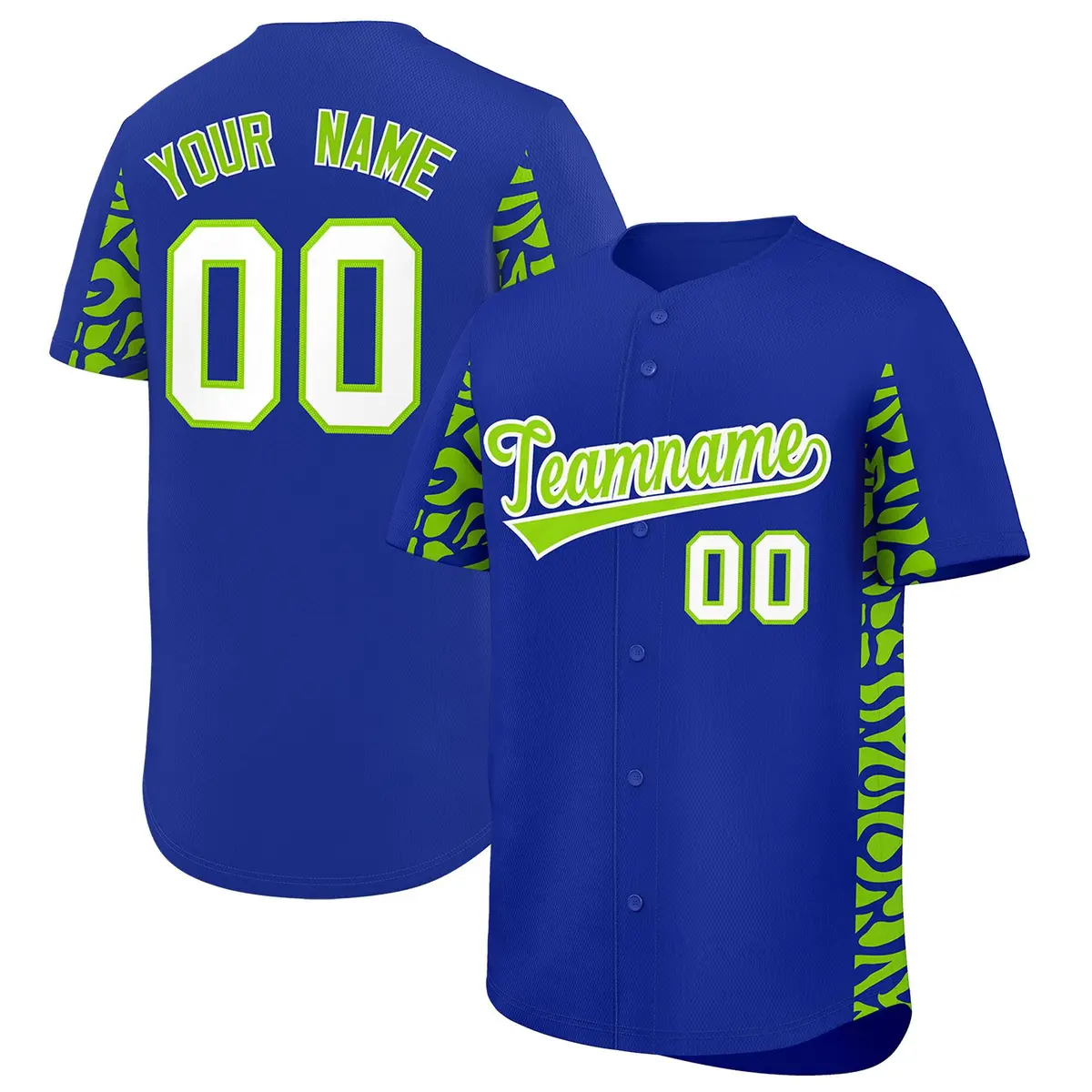 Royal Neon Green Leopard Graffiti Side Baseball Jersey