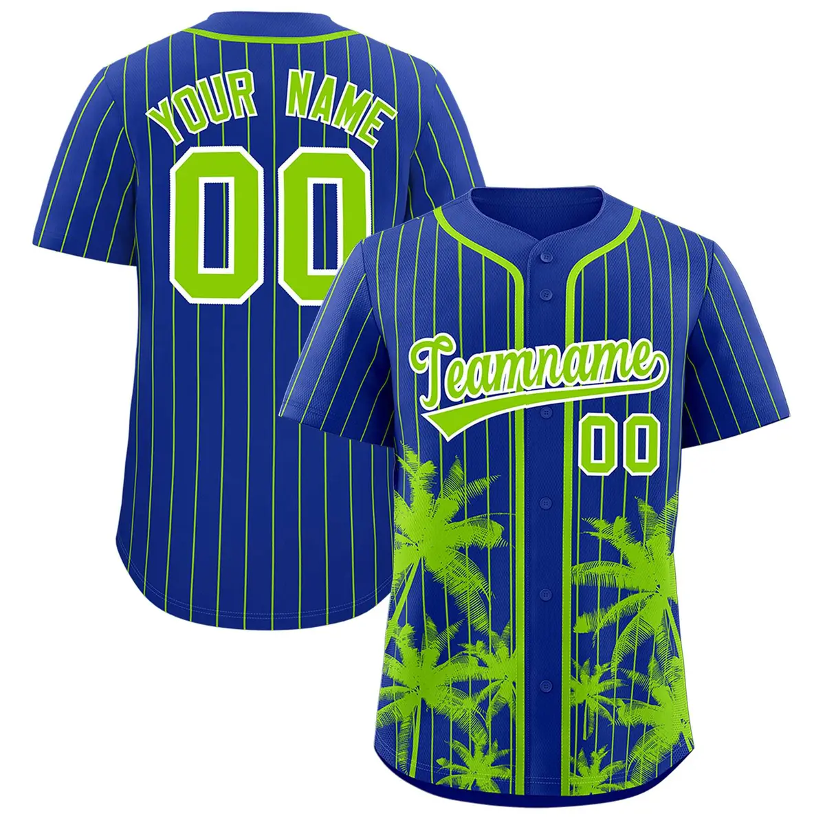 Royal Neon Green Pinstripe Coconut Tree Baseball Jersey