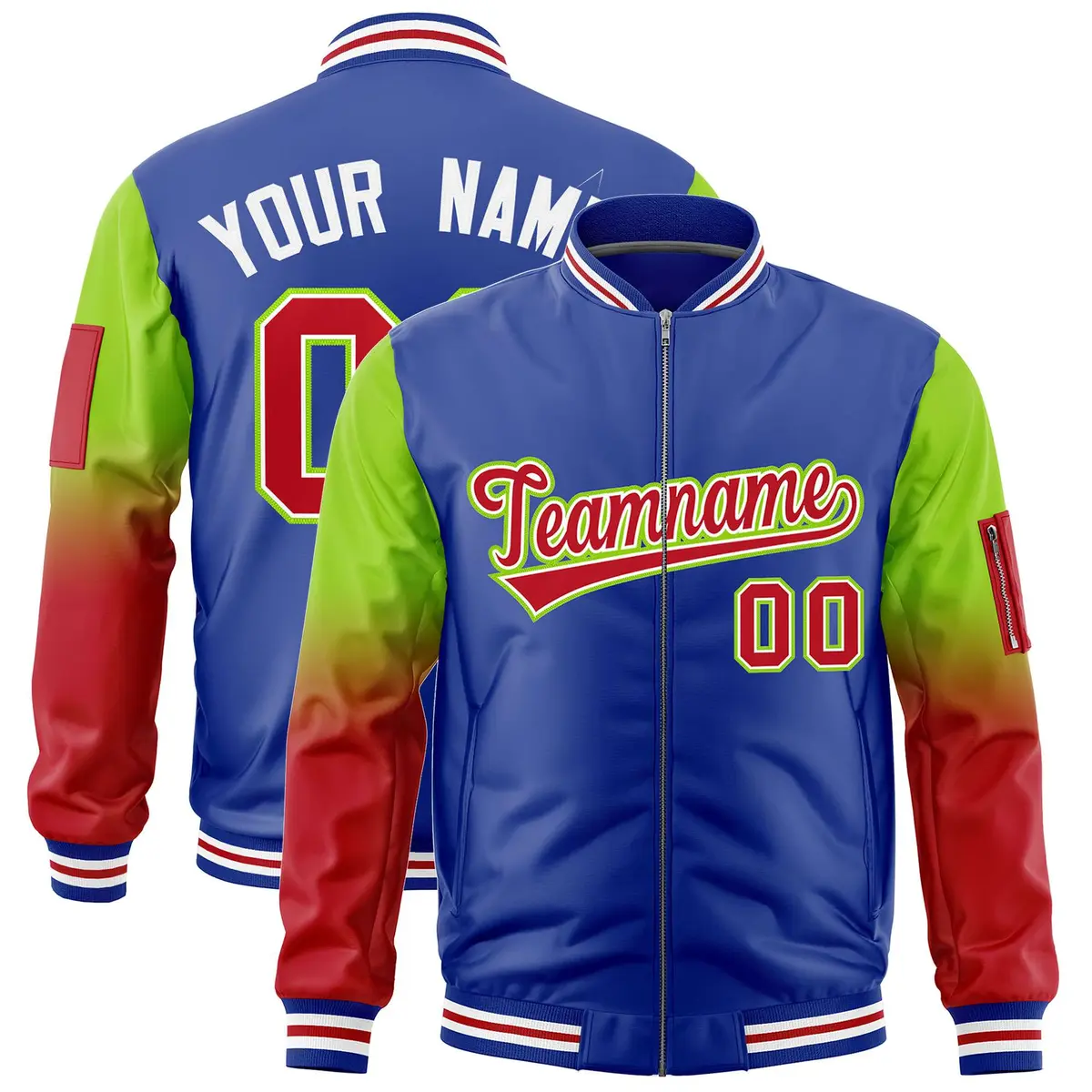 Royal Neon Green-Red Gradient Raglan Varsity Full-Zip Letterman Bomber Jacket