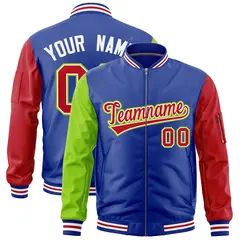 Royal Neon Green Red Varsity Letterman Bomber Jacket Full-Zip Raglan