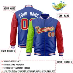Royal Neon Green Red Varsity Letterman Bomber Jacket Full-Zip Raglan 2
