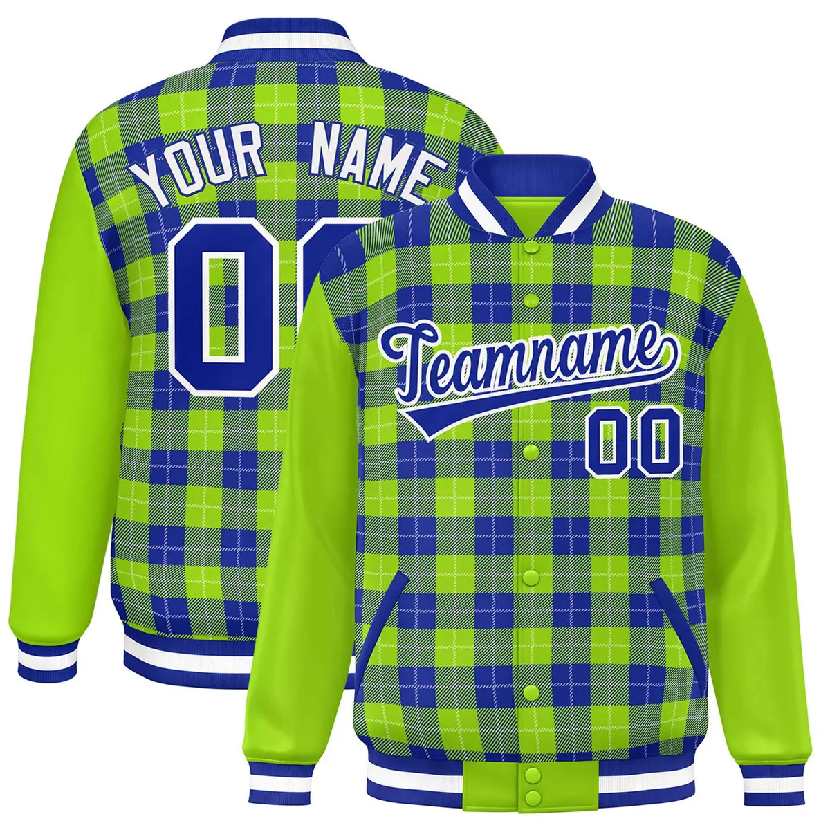 Royal Neon Green-White Plaid Varsity Full-Snap Letterman Baseball Jacket
