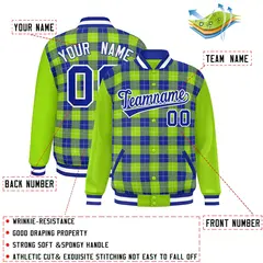 Royal Neon Green-White Plaid Varsity Full-Snap Letterman Baseball Jacket 2