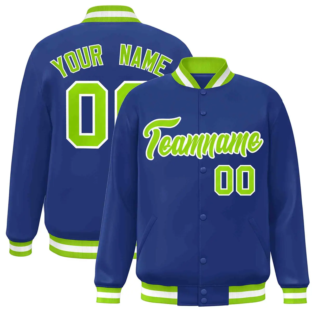 Royal Neon Green-White Varsity Full-Snap Letterman Jacket