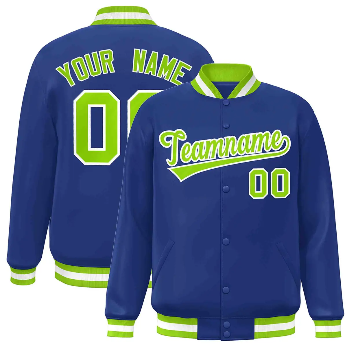 Royal Neon Green-White Varsity Full-Snap Letterman Jacket